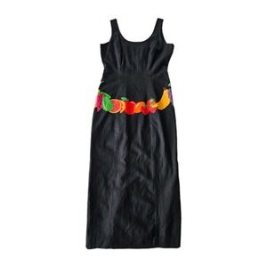 Vtg Deborah Laws Embroidered Fruit Belt Linen Tank Long Wiggle Pencil Dress 6